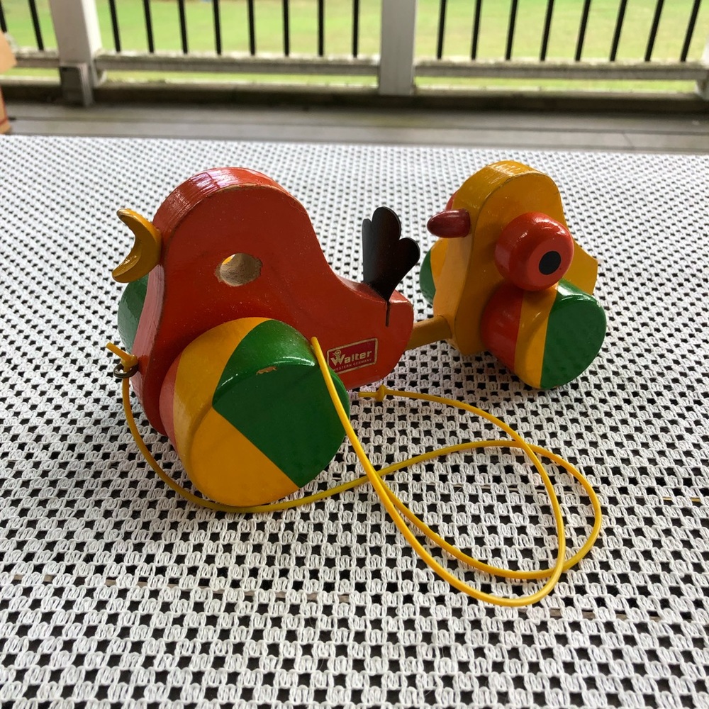 Vintage West Germany Painted Wooden Bird Chicks Pull Toy, 8”